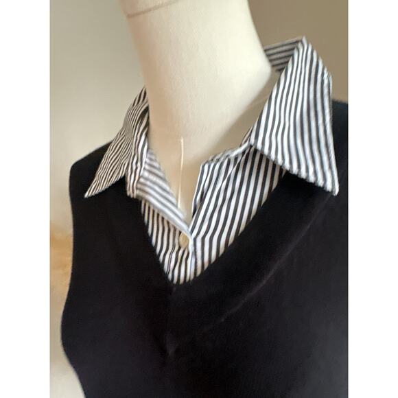 J. Society Black Layer Sweater Size XS Stripe Collared V-Neck Fray Hem - Picture 3 of 9